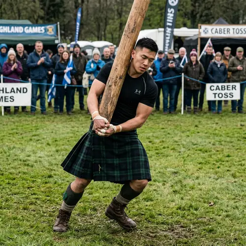 Asian Man Caber Tossing in Scottish Athletic Event