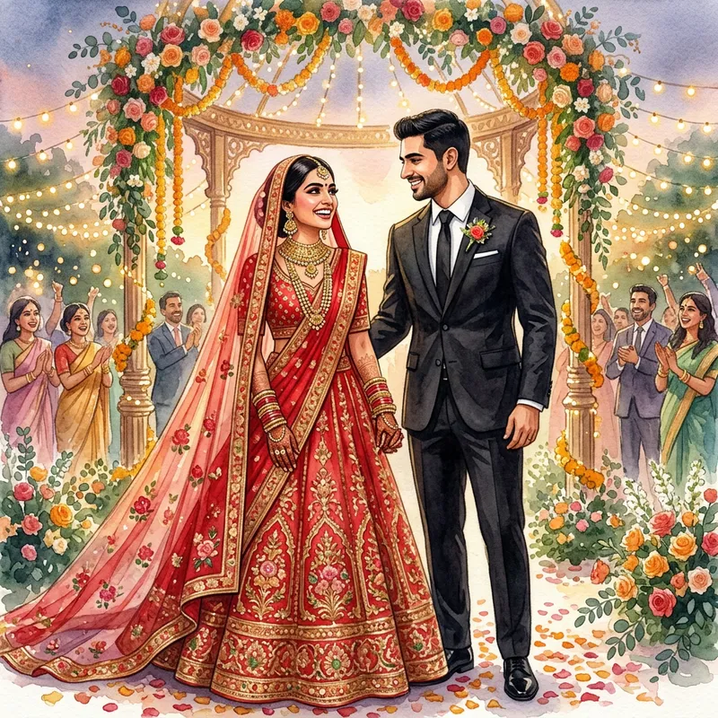 Watercolor Painting of Joyful Bride and Groom Wedding Scene