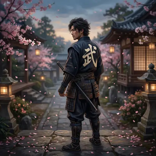 Modern Samurai Portrait with Cherry Blossoms