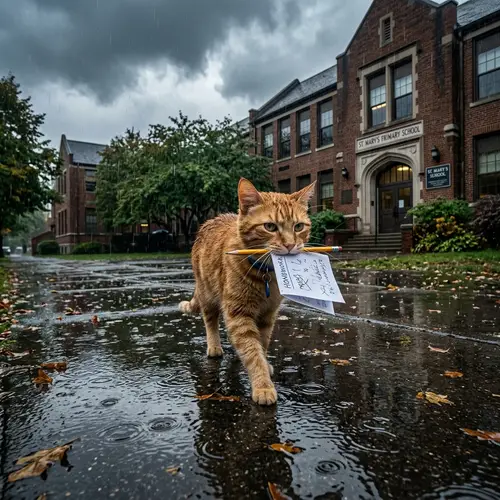 Resilient Cat Heading to School in Rainy Weather