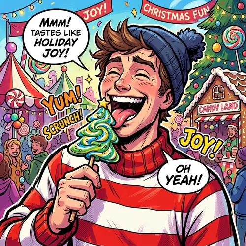Playful Caucasian Male Enjoying Pine Tree Lollipop in Comic Style
