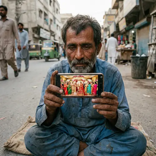 South Asian Beggar Captivated by Opulent Wedding on Mobile
