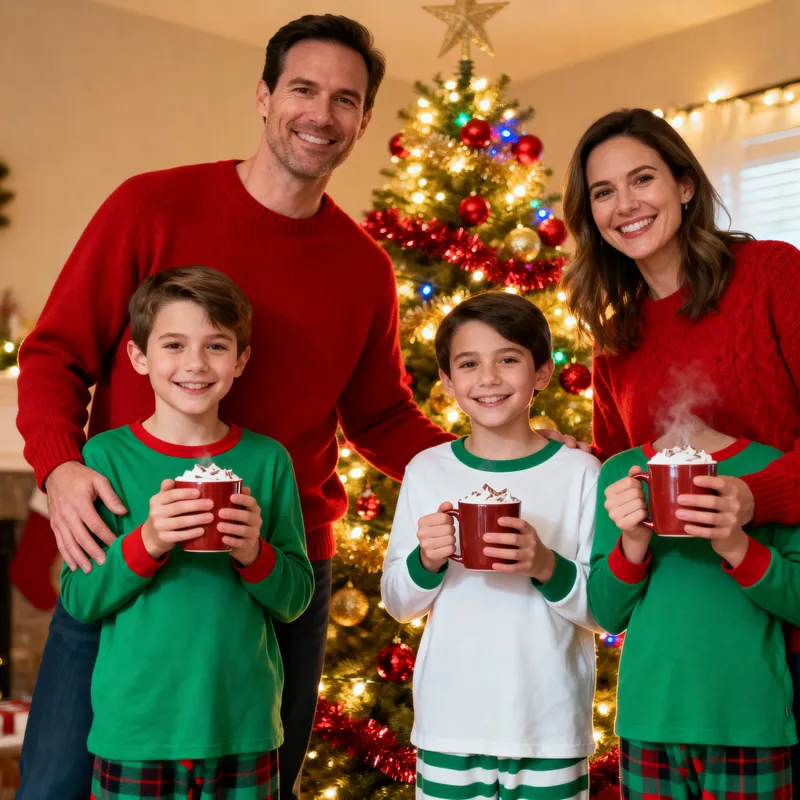 Warm Family Christmas Photo by Decorated Tree