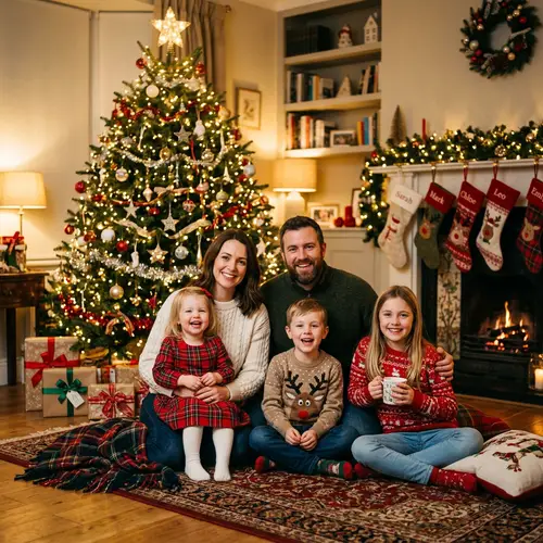 Warm Family Christmas Photo by Decorated Tree