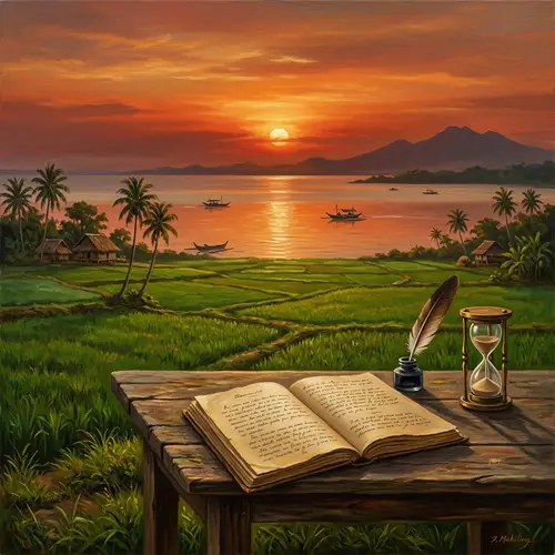 Rizal-Inspired Countryside Artwork with Ancient Manuscript