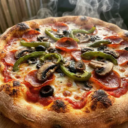 Delicious Pizza with Golden Crust and Colorful Toppings