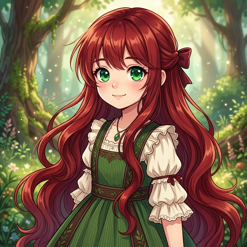 Anime Style Red Hair & Emerald Eyes - Very Long Hair