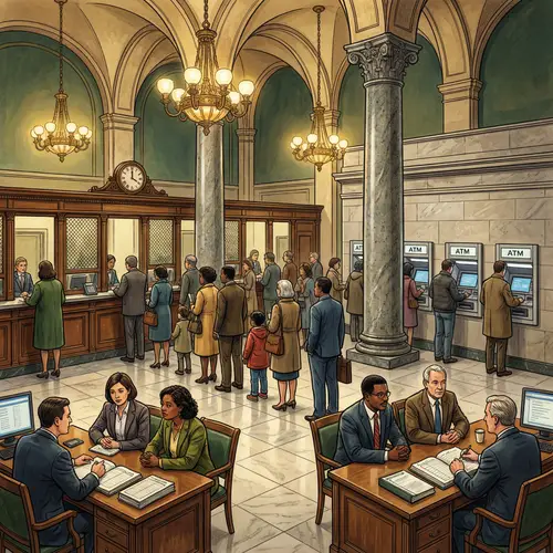 Traditional Bank Scene Illustration with Diverse Patrons