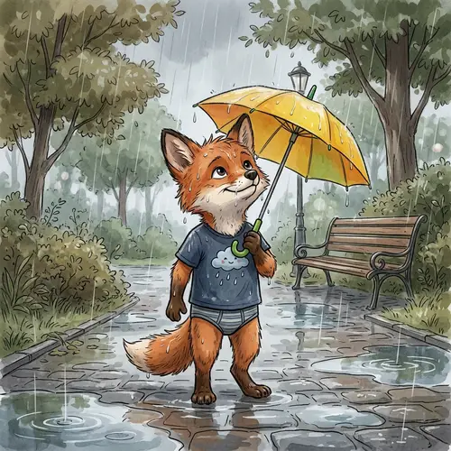 Furry Cub Fox Boy in Rain - Adorable Art