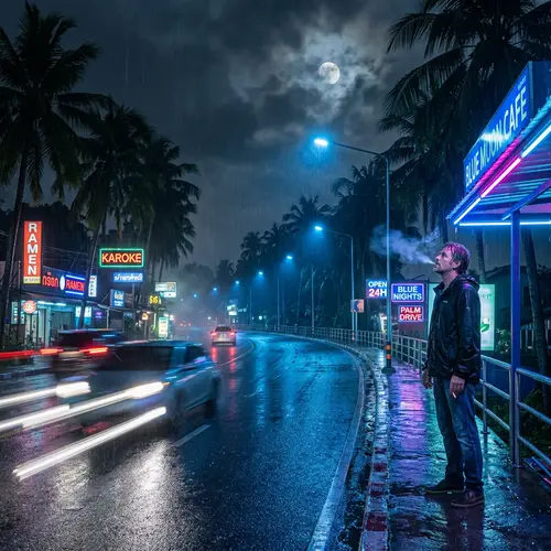 Panoramic Night Scene with Neon Lights and Man Smoking