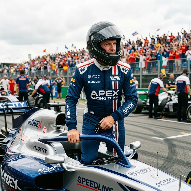 Caucasian Male Politician in F1 Suit: Racing Moment