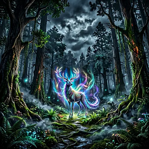 Mystical Creature in Dark Enchanted Forest - Fantasy Beauty