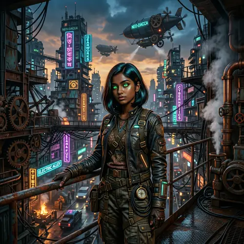 Green-Eyed Silk-Haired Girl in Cyberpunk Steampunk World