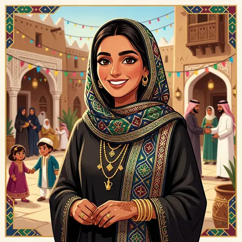 Saudi Woman Eid Illustration | Traditional Attire & Scarf