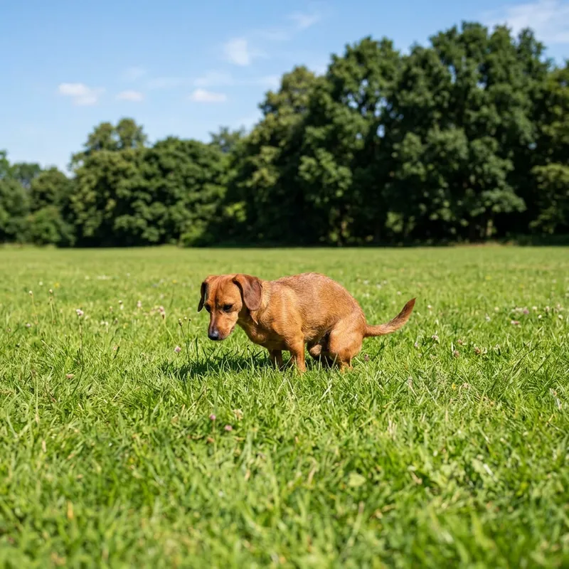 Small Dog Pooping on Green Grass Field