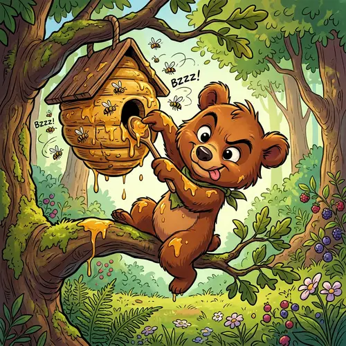 Mischievous Brown Bear Stealing Honey - Vibrant Cell Shading Art