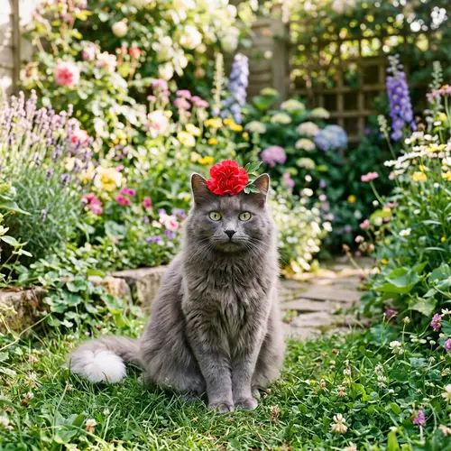 Adorable Grey Cat with Red Carnation in Serene Garden