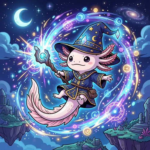 Cute Axolotl Wizard Flying Spell in Cell Shading Style