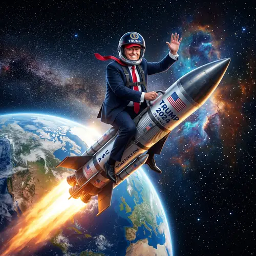 Donald Trump Riding a Rocket in Outer Space