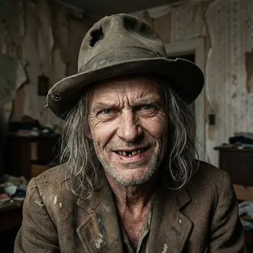 Sinister 55-Year-Old Male Portrait | Unsettling Smile & Wrinkles