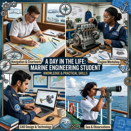 Marine Engineering Student Collage: Diverse Students & Nautical Symbols