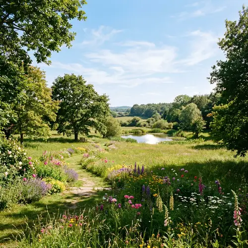 Tranquil Garden Scene with Lush Meadows and Flowering Plants