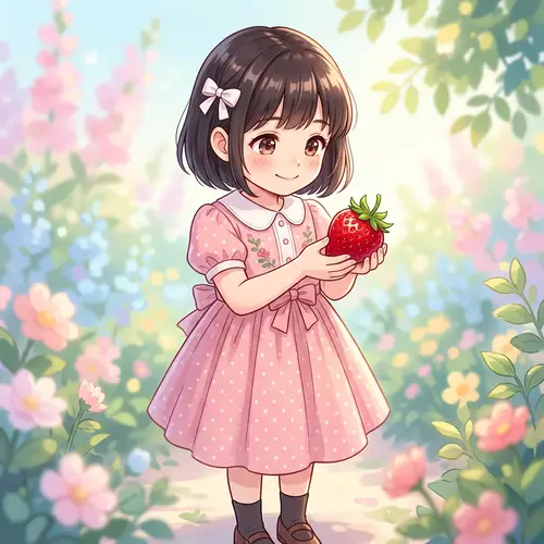 Anime Style Girl in Pink Dress Holding Ripe Strawberry