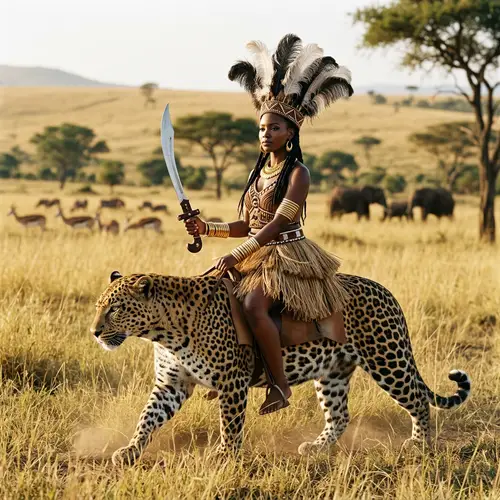 African Princess in Grass Bikini Riding Leopard with Ostrich Feather Crown