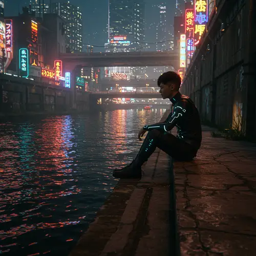 Tranquil Cyberpunk River Scenes