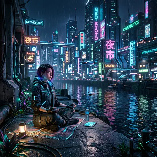 Tranquil Cyberpunk River Scenes
