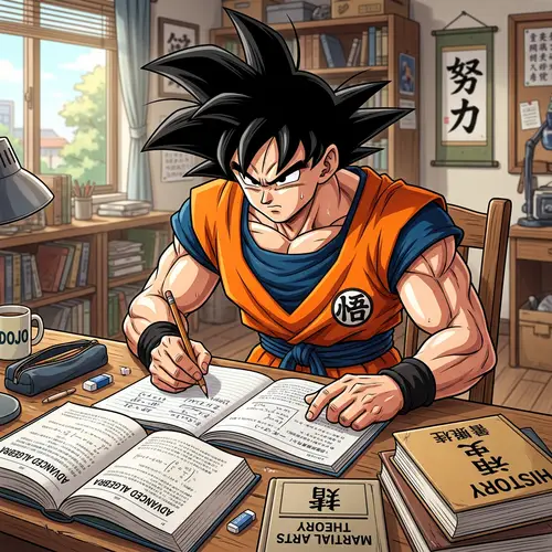 Muscular Anime Character Studying at Desk
