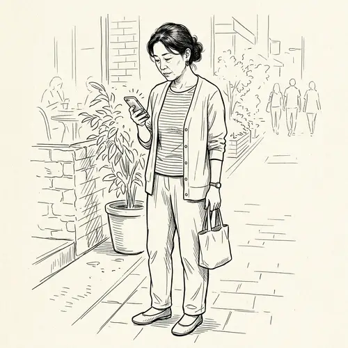 Middle-Aged Asian Female Using Mobile Phone - Line Drawing