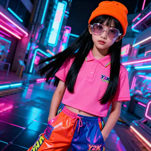 Stylish Girl in Orange Hat and Y2K Fashion