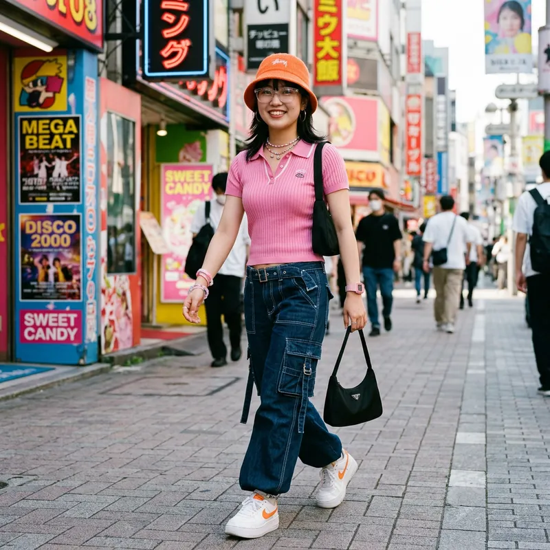 Stylish Girl in Orange Hat and Y2K Fashion Stylish Girl in Orange Hat and Y2K Fashion