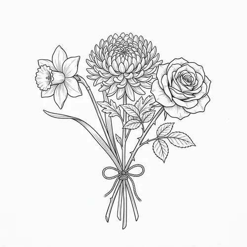 Exquisite Line Art Bouquet Illustration with Daffodil, Chrysanthemum, and Rose