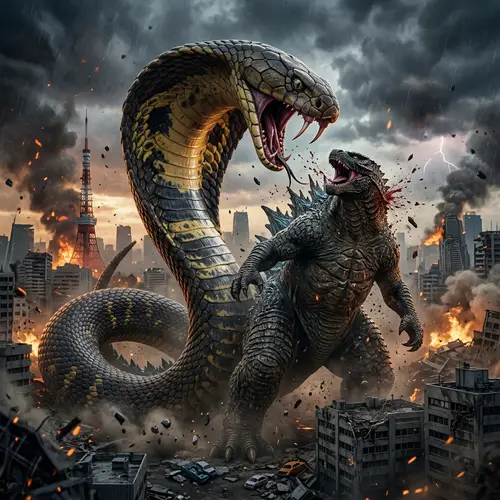 Colossal King Cobra vs Godzilla: Epic Showdown