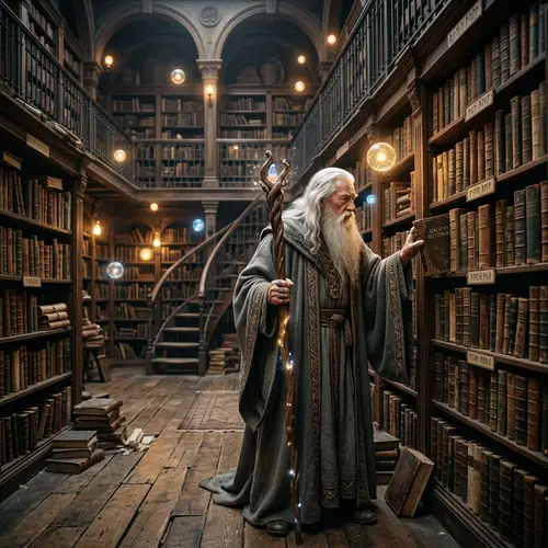 Elderly Wizard in Ancient Library | Mystical Scene with Books