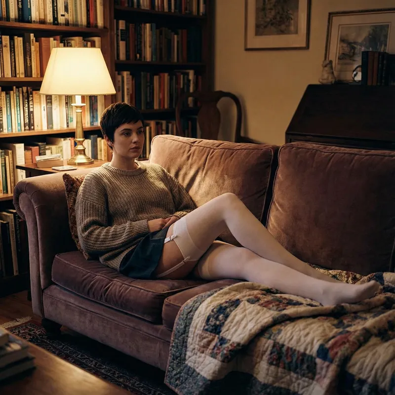 Elegant Bedroom Look: Woman in White Stockings
