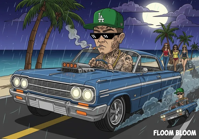 Cartoon Driver in 1964 Impala: Moonlit Beach Adventure