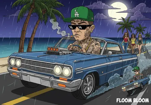 Cartoon Driver in 1964 Impala: Moonlit Beach Adventure