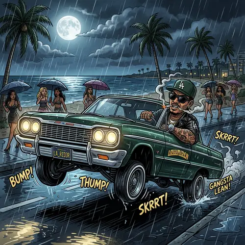 Cartoon Driver in 1964 Impala: Moonlit Beach Adventure