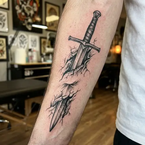 Detailed Sword Tattoo Design for Realistic Skin Piercing Effect
