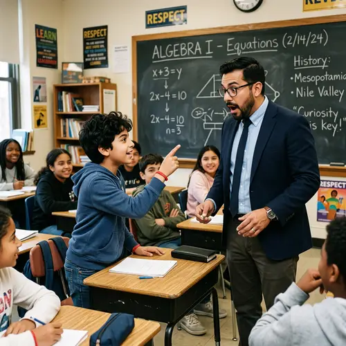 Engaging Classroom Interaction: Middle-Eastern Boy Advising Hispanic Teacher