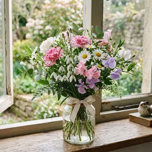 Carnations, Snowdrops, Daisy & Sweet Pea Bouquet