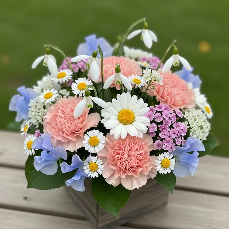 Carnations, Snowdrops, Daisy & Sweet Pea Bouquet