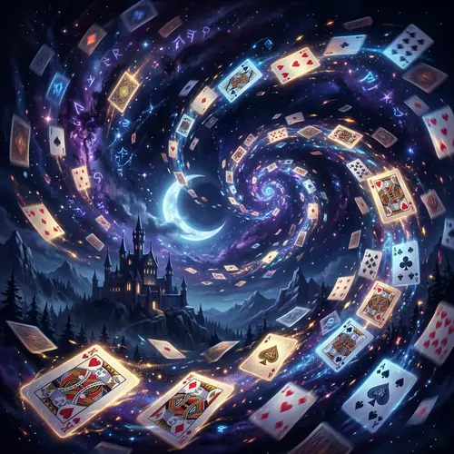 Dark Magical Background with Flying Playing Cards