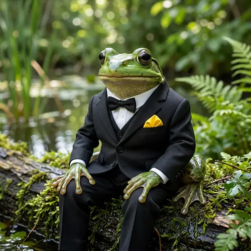 Elegant Black Suit Frog with Yellow Handkerchief