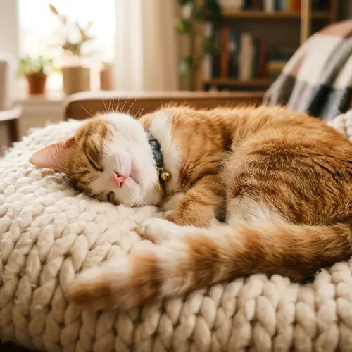 Adorable Orange and White Cat Relaxing on Plush Cushion