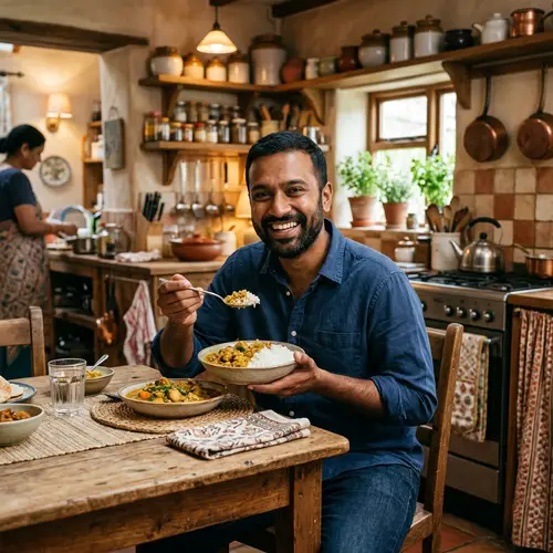 Mid-Thirties South Asian Man Enjoying Rice | Cozy Kitchen Vibes