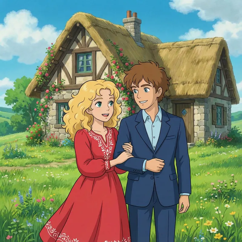 Charming Animated Couple in Fairy-Tale Setting